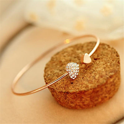 Fashion Adjustable Crystal Double Heart Cuff Opening Bracelet